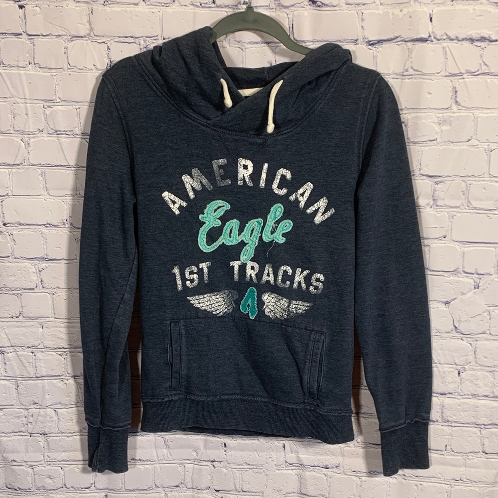 American Eagle Womens Hooded Sweatshirt Navy Size M Y2K 90s Pullover Spellout
